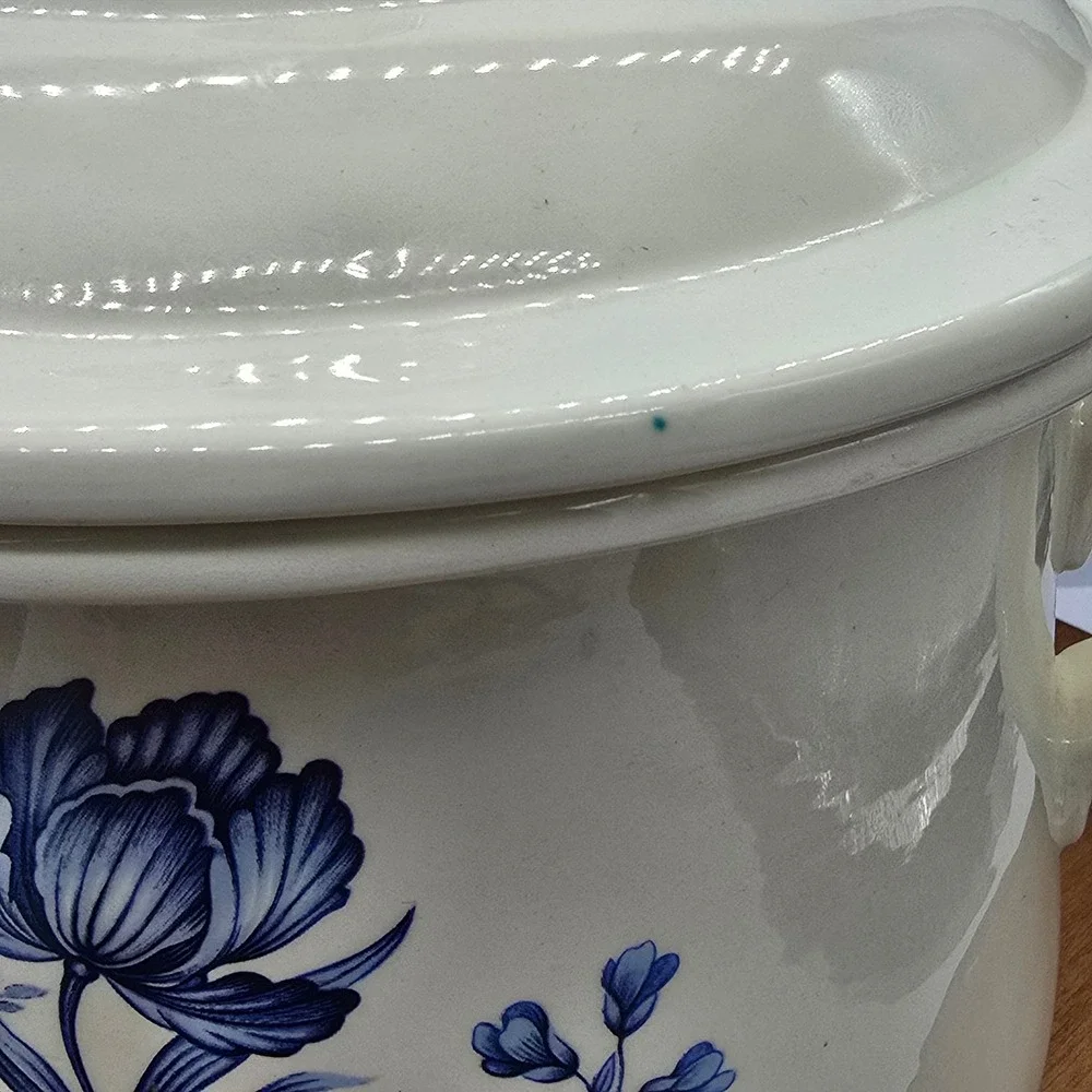 Vintage Pot with Lid Blue Onion Floral Design Cream Color Two Handles‎